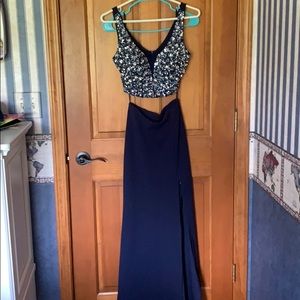 Navy blue two piece prom dress with slit